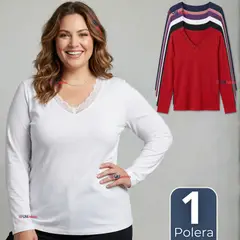 UTILISIMO - Camiseta Polera Polar Cuello V Manga Larga Con Encaje Colores Surtidos Mujer