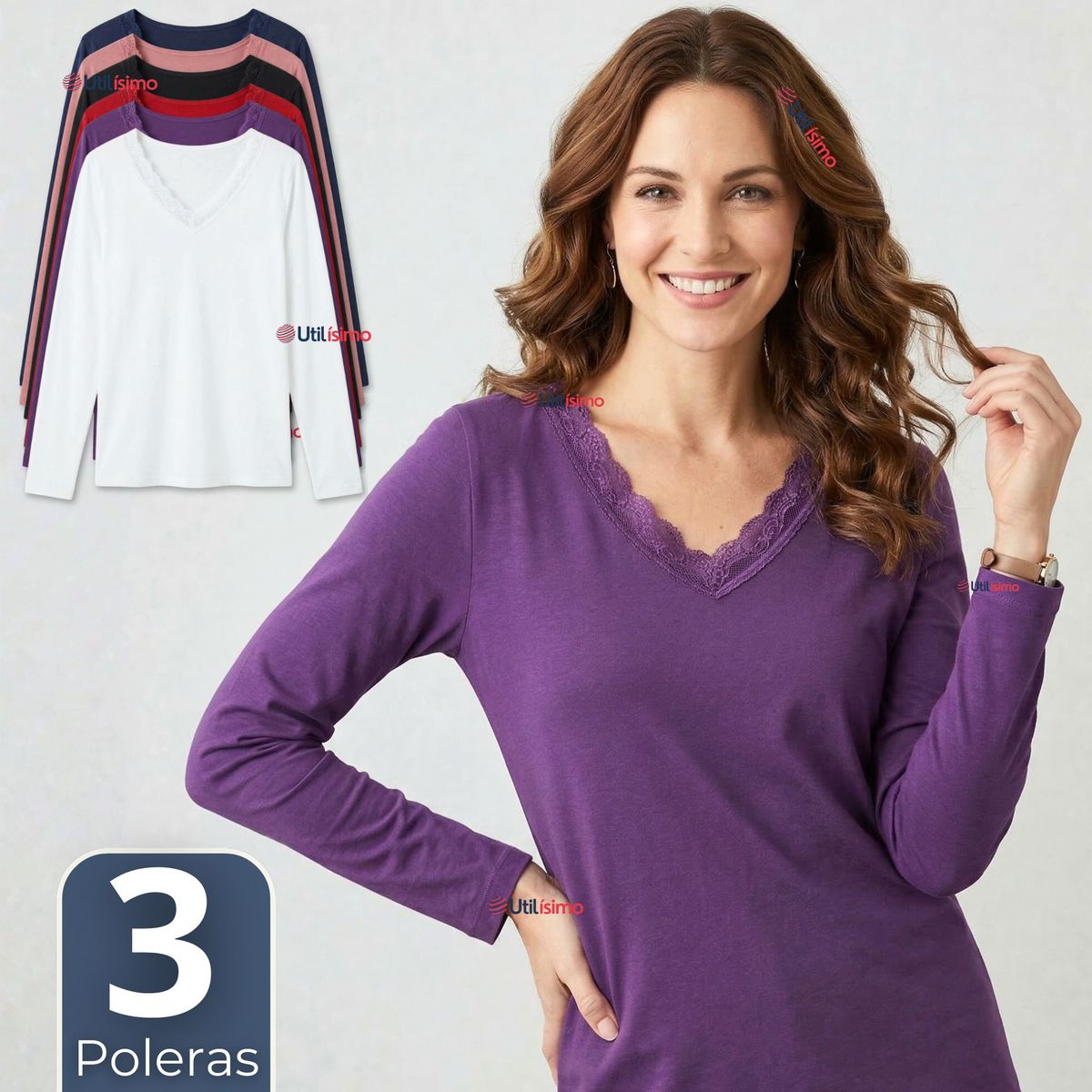 UTILISIMO - Pack 3 Camisetas Poleras Polar Cuello V Manga Larga Con Encaje Colores Surtidos Mujer