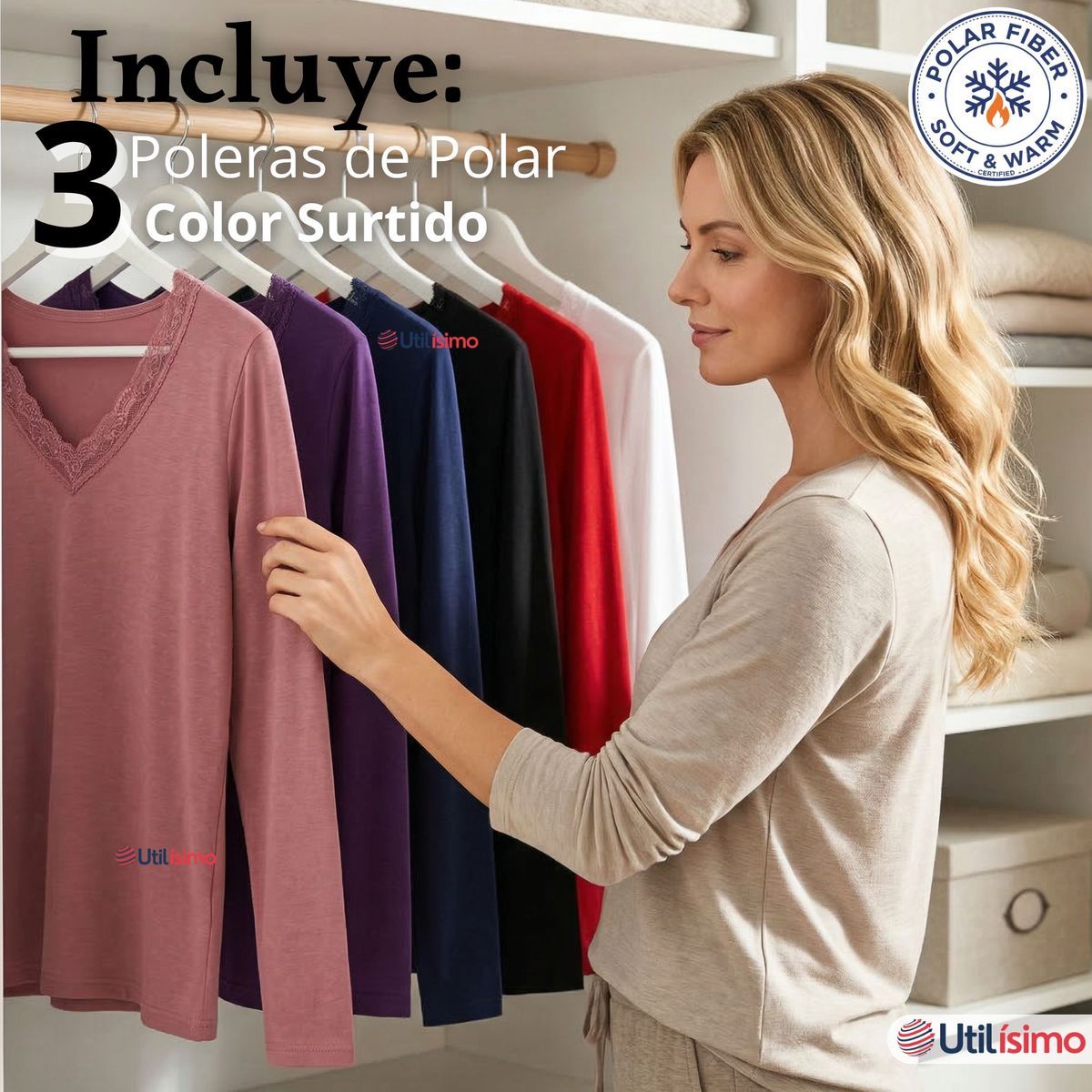 UTILISIMO - Pack 3 Camisetas Poleras Polar Cuello V Manga Larga Con Encaje Colores Surtidos Mujer