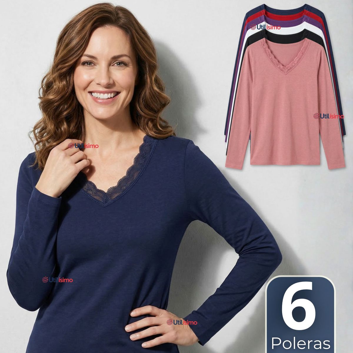 UTILISIMO - Pack 6 Camiseta Polera Polar Cuello V Manga Larga Con Encaje Colores Surtidos Mujer