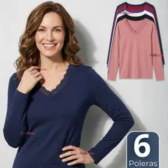 UTILISIMO - Pack 6 Camiseta Polera Polar Cuello V Manga Larga Con Encaje Colores Surtidos Mujer