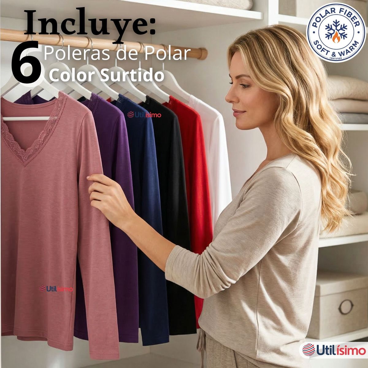 UTILISIMO - Pack 6 Camiseta Polera Polar Cuello V Manga Larga Con Encaje Colores Surtidos Mujer