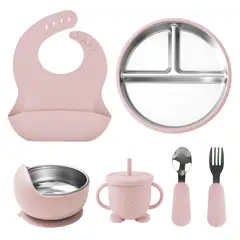 GENERICO - Set de Alimentación Bebé Acero Inoxidable 6pzs Rosa con Ventosa BLW Libre de BPA