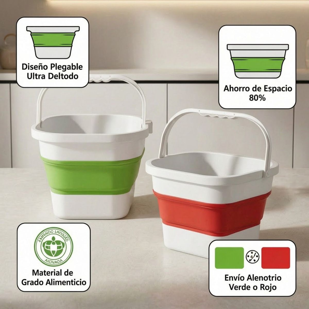GENERICO - Cubo Plegable Cuadrado 5L - ¡Rojo o Verde al Azar
