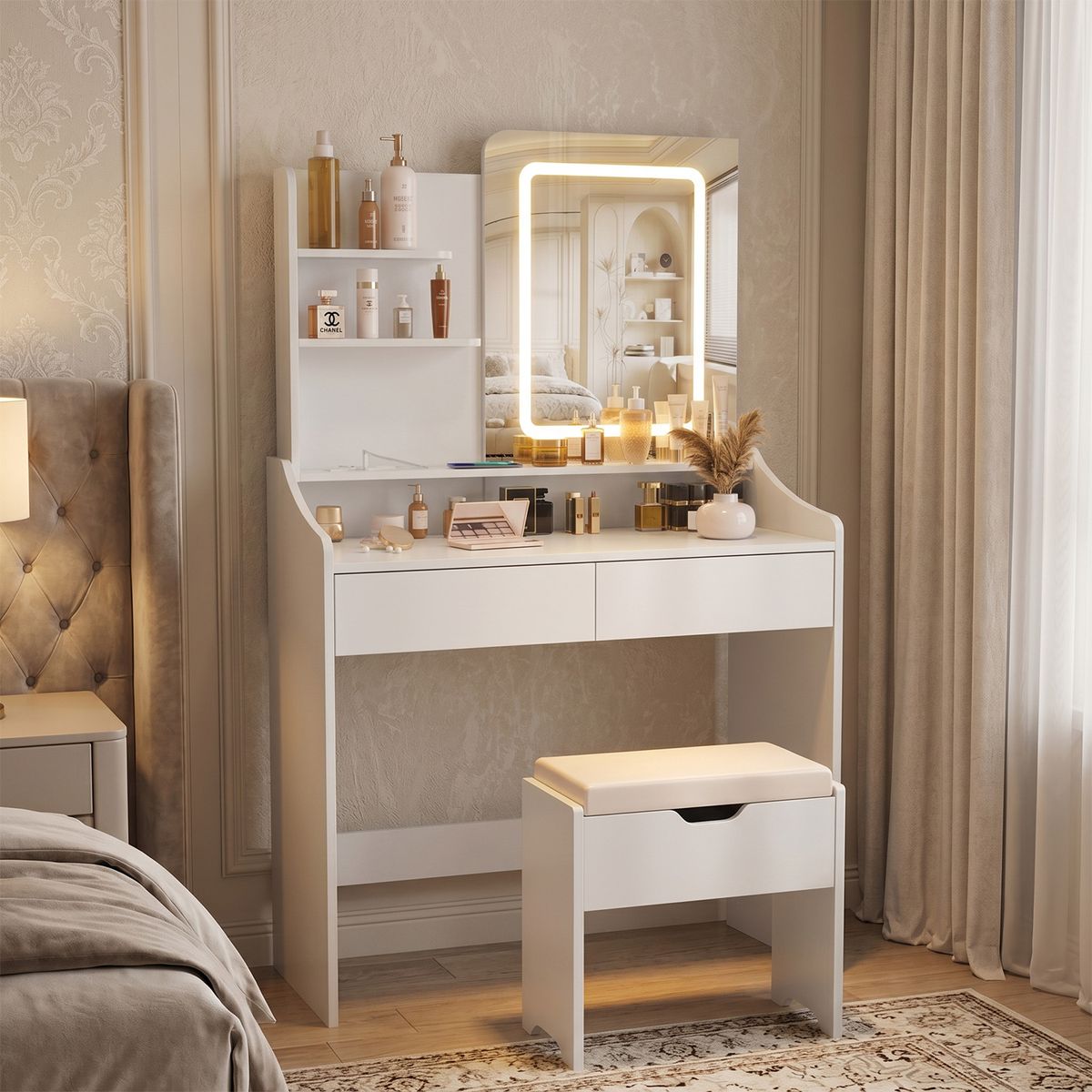 ROHE - Tocador con Luz Espejo 2 Cajones y Taburete Blanco 80x40x144cm