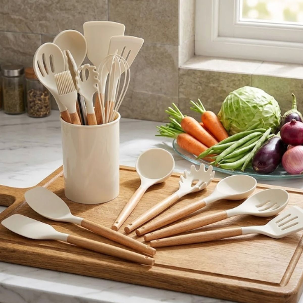 GENERICO - Set Utensilios De Cocina De Silicon 12 pz Blanco