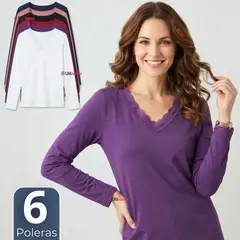 UTILISIMO - Pack 6 Camiseta Polera Polar Cuello V Manga Larga Con Encaje Colores Surtidos Mujer