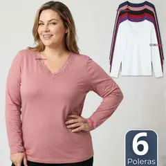 UTILISIMO - Pack 6 Camiseta Polera Polar Cuello V Manga Larga Con Encaje Colores Surtidos Mujer