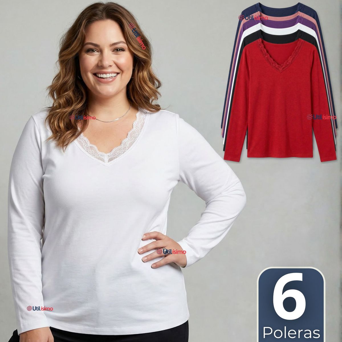UTILISIMO - Pack 6 Camiseta Polera Polar Cuello V Manga Larga Con Encaje Colores Surtidos Mujer
