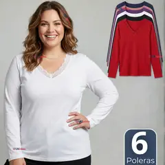 UTILISIMO - Pack 6 Camiseta Polera Polar Cuello V Manga Larga Con Encaje Colores Surtidos Mujer
