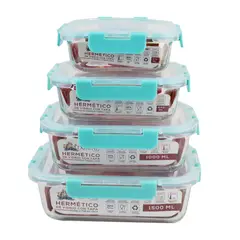 DORAL - SET DE 4 HERMETICOS O CONTENEDORES DE VIDRIO CON TAPA RECTANGULAR FRESH LOCK CELESTE