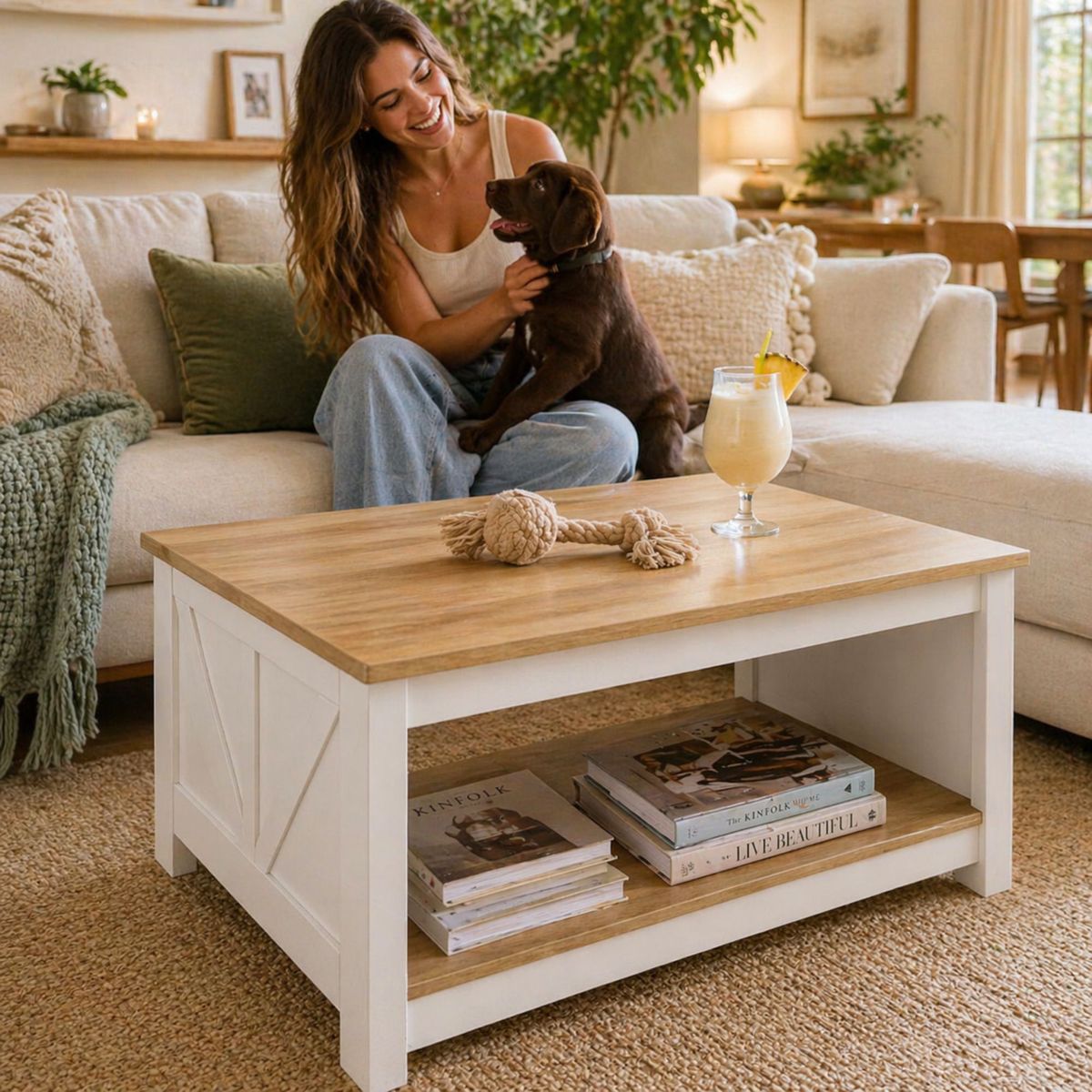 GENERICO - Mesa de centro 2 niveles 80 × 60 × 45 cm Blanca y roble natural