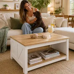 GENERICO - Mesa de centro 2 niveles 80 × 60 × 45 cm Blanca y roble natural