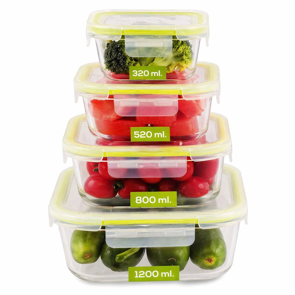 DORAL - SET DE 4 HERMETICOS O CONTENEDORES DE VIDRIO CON TAPA CUADRADOS FRESH VERDE DORAL