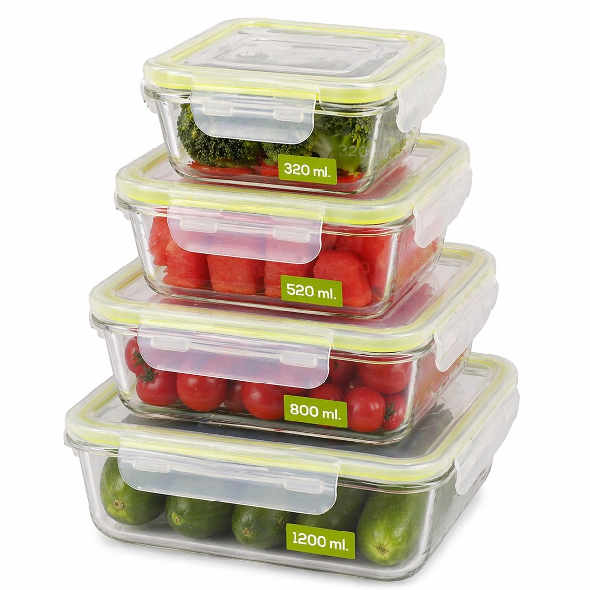 DORAL - SET DE 4 HERMETICOS O CONTENEDORES DE VIDRIO CON TAPA CUADRADOS FRESH VERDE DORAL