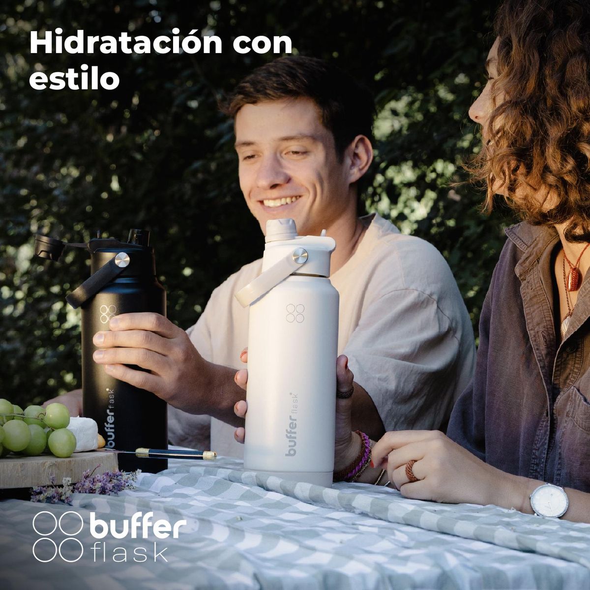 BUFFER FLASK - Termo Botella Agua Termica Buffer Flask Acero Inox 1L 2 en 1 Set de 2 - Blanco