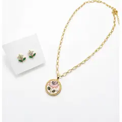 GENERICO - COLLAR Y ARETES DORADOS CON DISENO DE FLOR BAÑO DE ORO