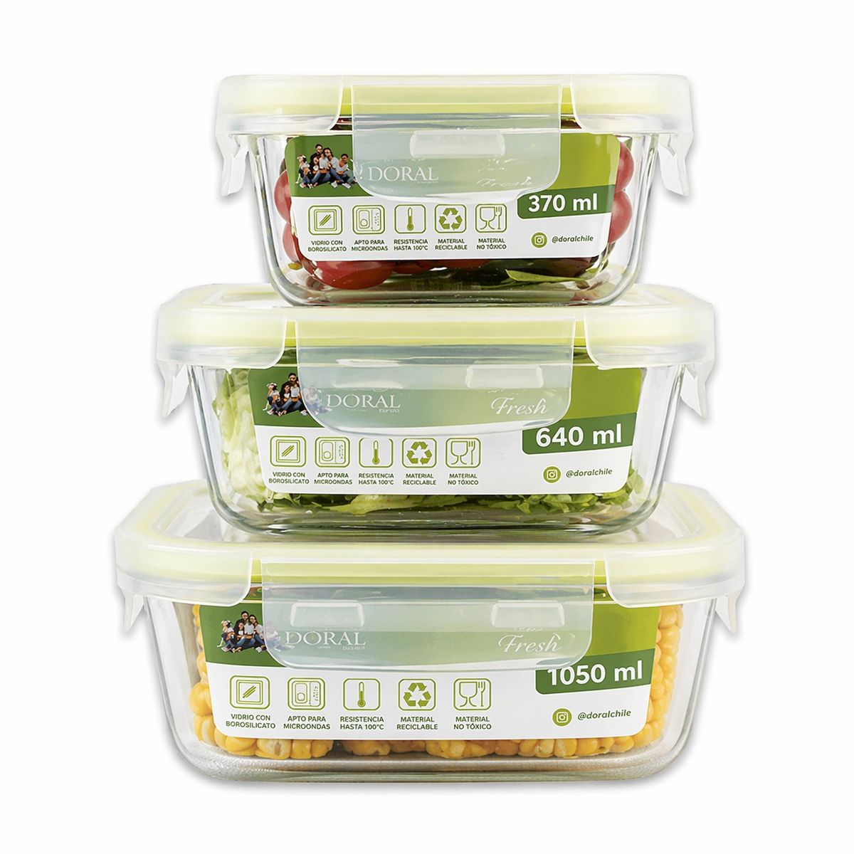 DORAL - SET DE 3 HERMETICOS O CONTENEDORES DE VIDRIO CON TAPA RECTANGULAR FRESH VERDE DORAL