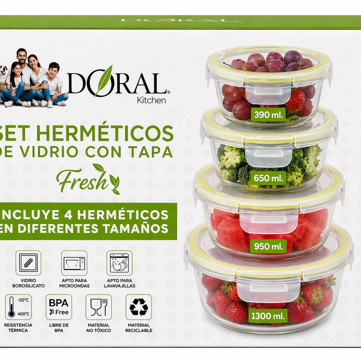 DORAL - SET DE 4 HERMETICOS O CONTENEDORES DE VIDRIO CON TAPA REDONDOS FRESH VERDE DORAL
