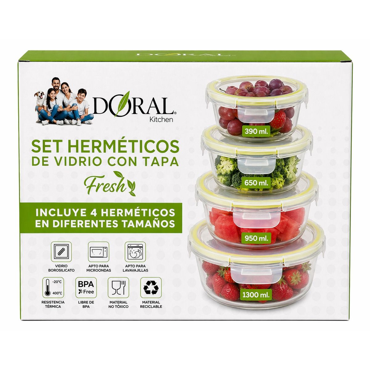 DORAL - SET DE 4 HERMETICOS O CONTENEDORES DE VIDRIO CON TAPA REDONDOS FRESH VERDE DORAL