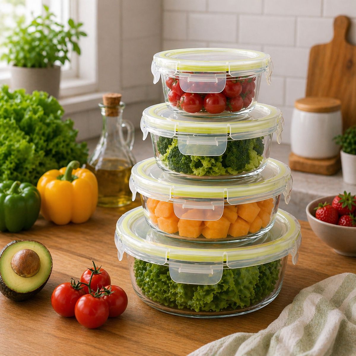 DORAL - SET DE 4 HERMETICOS O CONTENEDORES DE VIDRIO CON TAPA REDONDOS FRESH VERDE DORAL