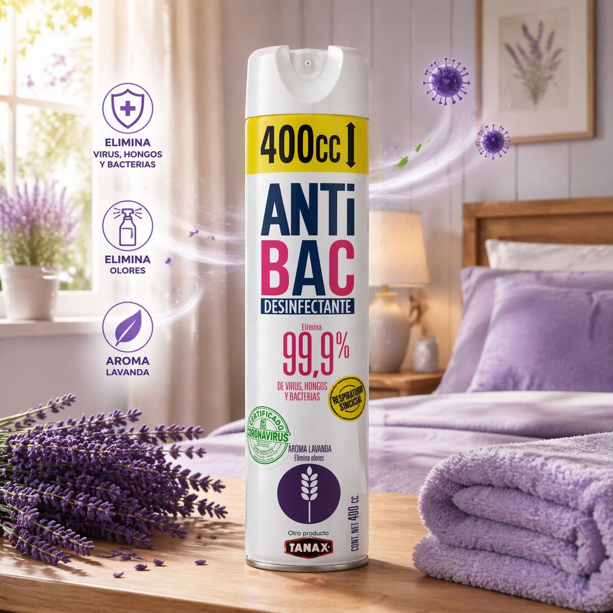 TANAX - DESINFECTANTE Aerosol LAVANDA 400CC ANTIBAC