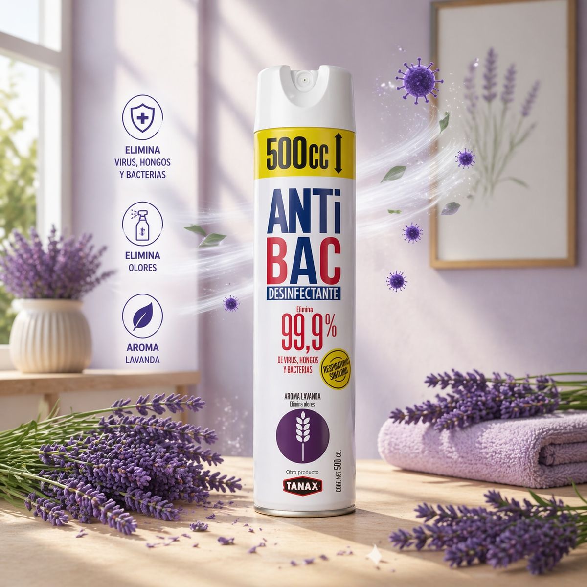 TANAX - DESINFECTANTE Aerosol LAVANDA 500CC ANTIBAC