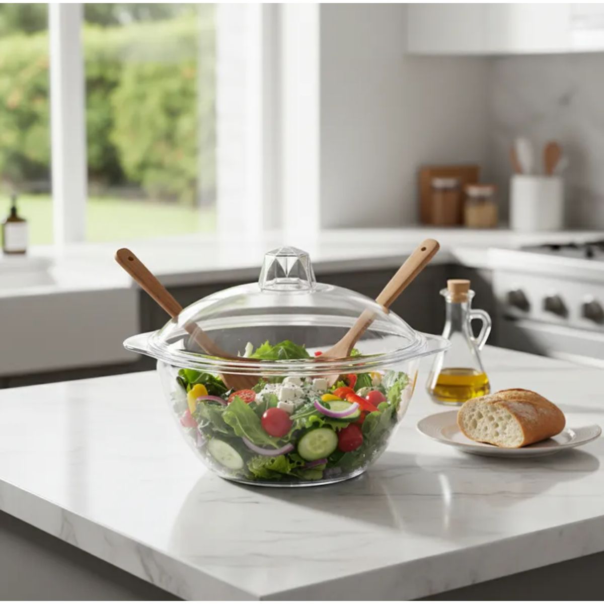GENERICO - Fuente Bowl Plástico Transparente Con Tapa 22cm Ensaladera