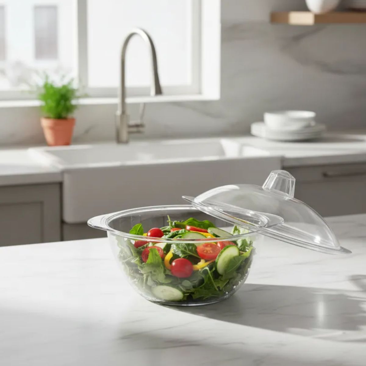 GENERICO - Fuente Bowl Plástico Transparente Con Tapa 22cm Ensaladera