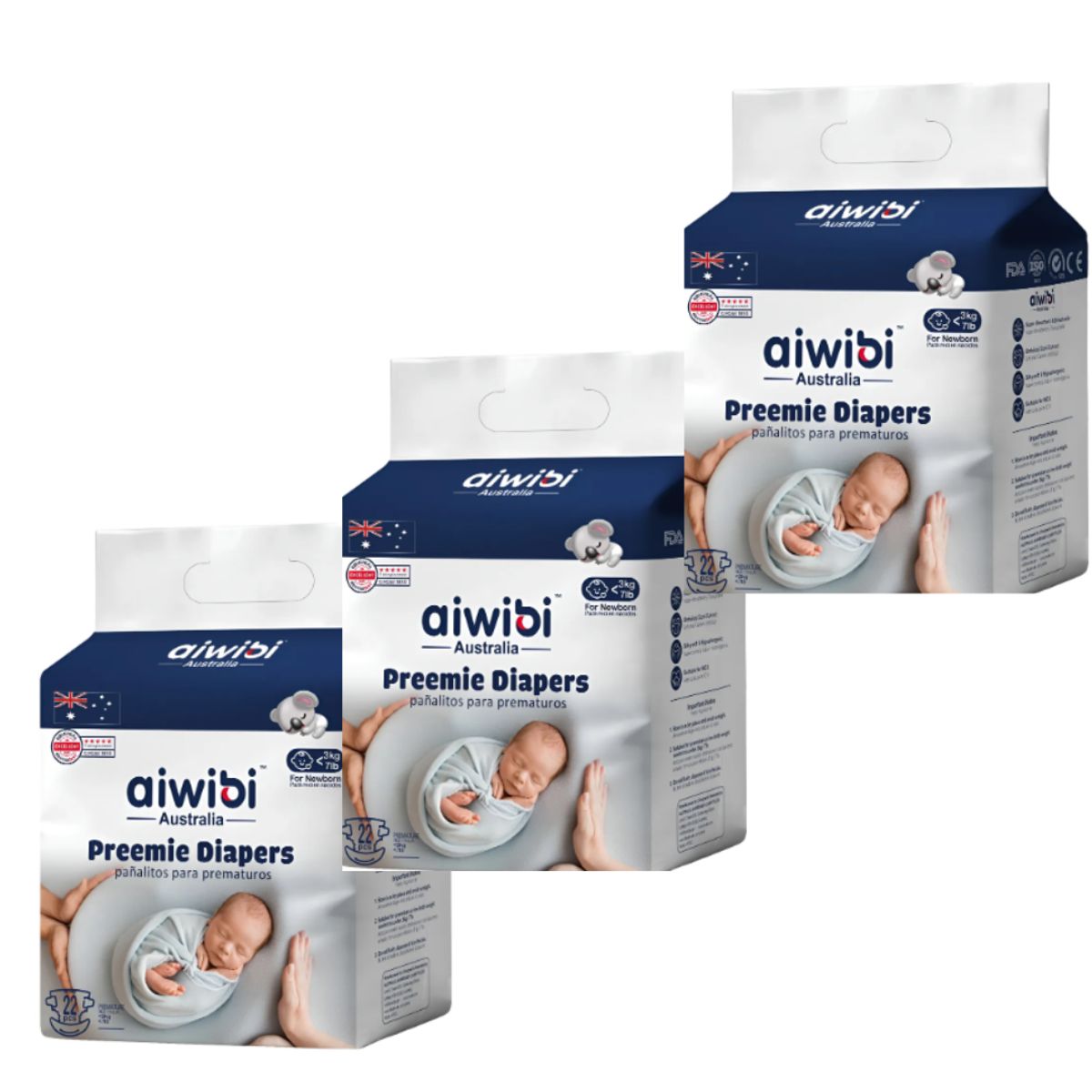 GENERICO - Pack 3 Pañales Aiwibi Prematuro 22 Und X Paquete