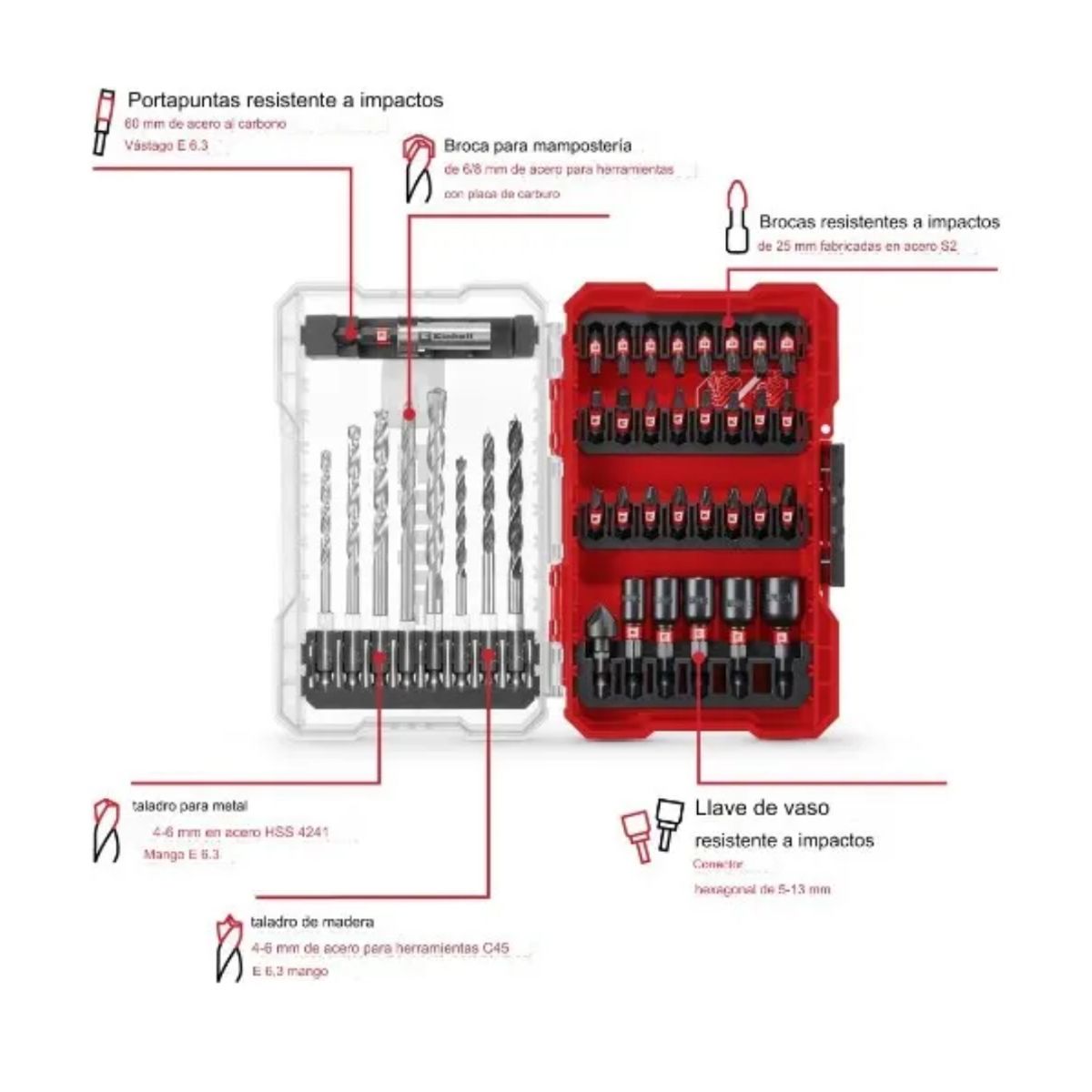 EINHELL - Set 39 Puntas Impact Y Brocas Para Metal Concreto Y Madera Einhell