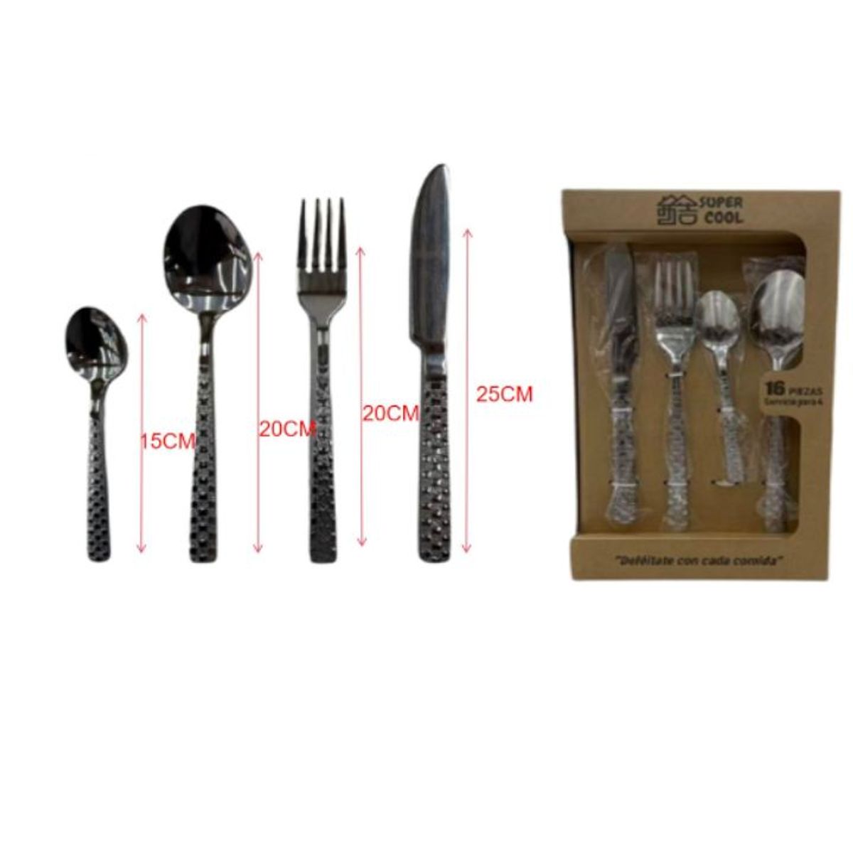 GENERICO - Set De Cubiertos De Acero Inoxidable 16Pcs- Plateado Servicio Para 4 - Medidas 15,20,20,25cm 1 Juego