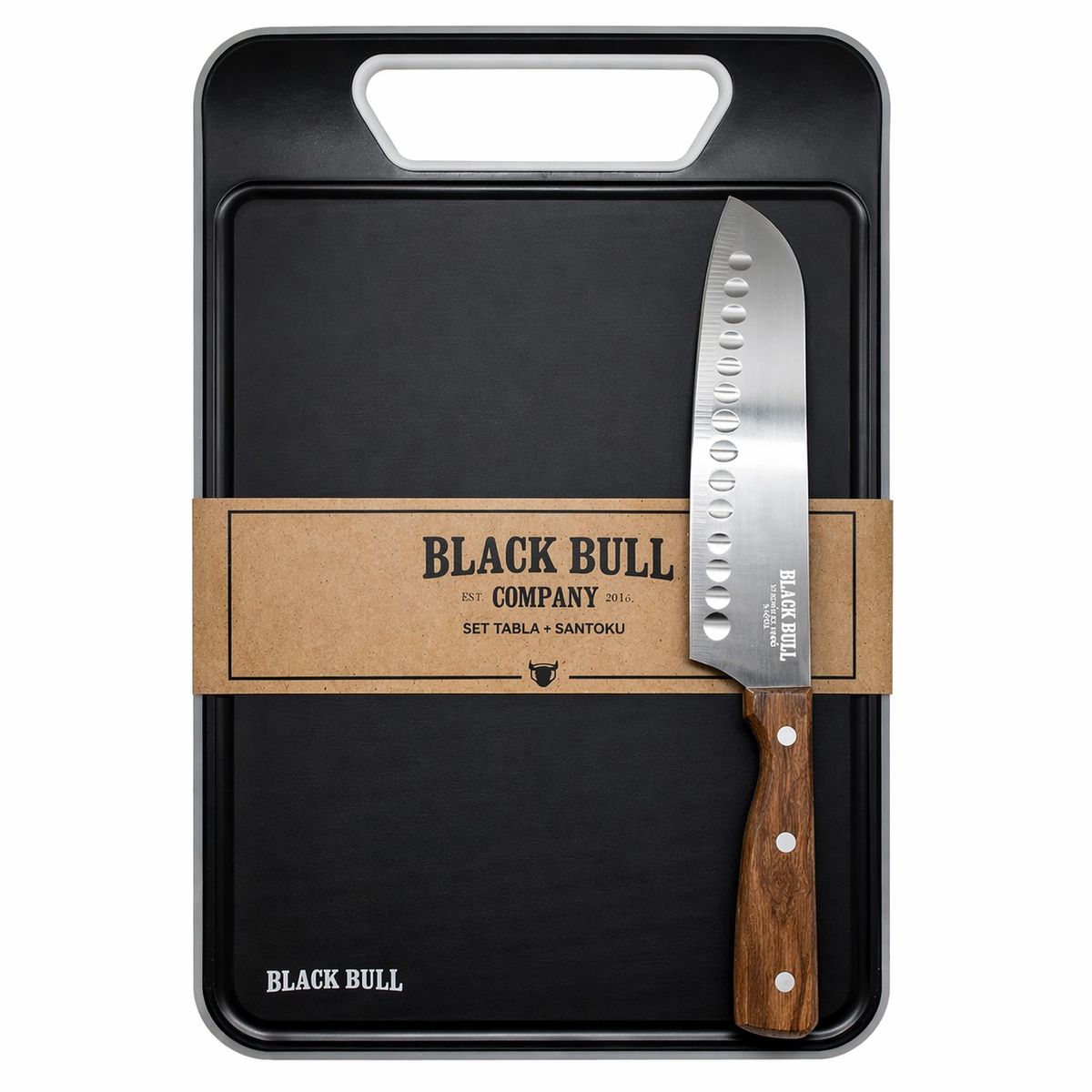 BLACK BULL - SET TABLA DE PICAR + CUCHILLO SANTOKU ACERO INOXIDABLE BLACK BULL