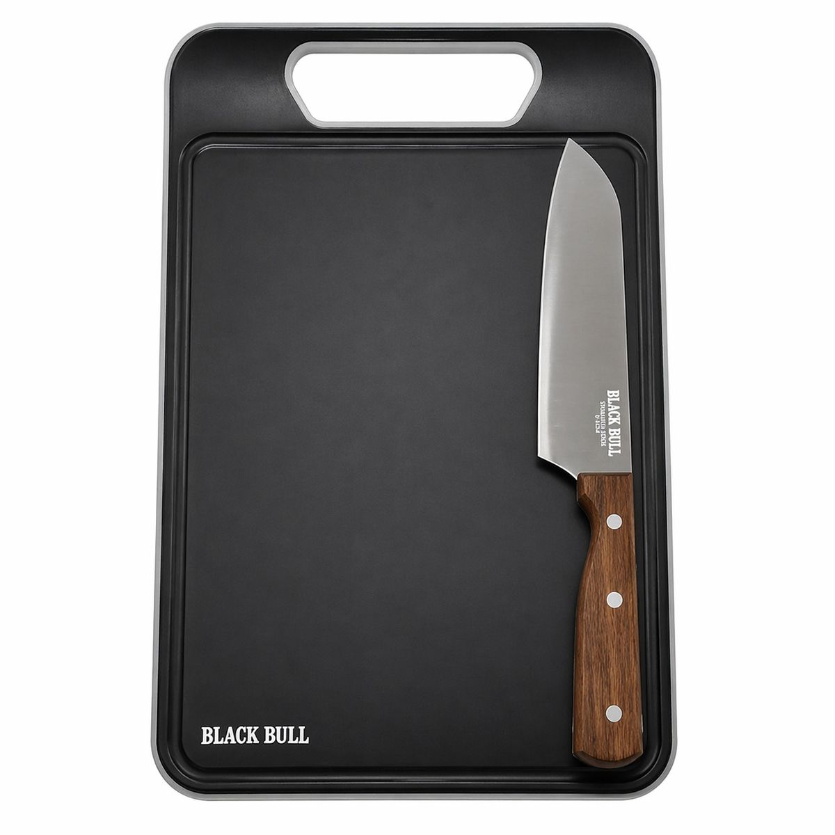 BLACK BULL - SET TABLA DE PICAR + CUCHILLO SANTOKU ACERO INOXIDABLE BLACK BULL