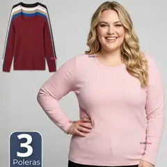 UTILISIMO - Pack 3 Camiseta Polera Polar Primera Capa Acanalada Reductora Manga Larga Colores Surtidos Mujer