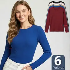 UTILISIMO - Pack 6 Camiseta Polera Polar Primera Capa Acanalada Reductora Manga Larga Colores Surtidos Mujer
