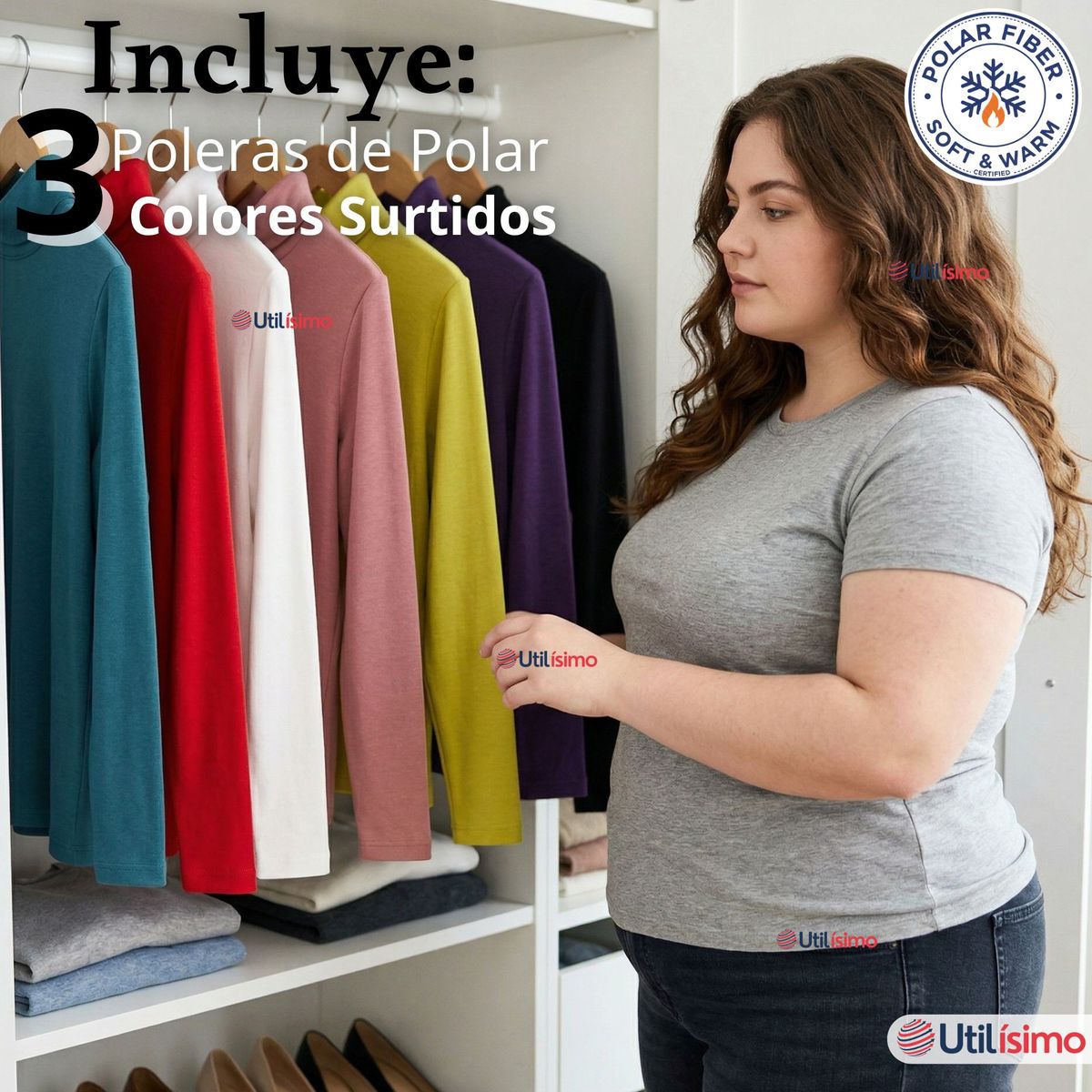 UTILISIMO - Pack 3 Camisetas Poleras Polar Primera Capa Cuello Beatle Manga Larga Colores Surtidos Mujer
