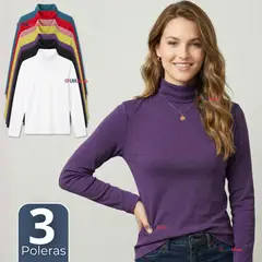 UTILISIMO - Pack 3 Camisetas Poleras Polar Primera Capa Cuello Beatle Manga Larga Colores Surtidos Mujer