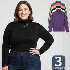 UTILISIMO - Pack 3 Camisetas Poleras Polar Primera Capa Cuello Beatle Manga Larga Colores Surtidos Mujer