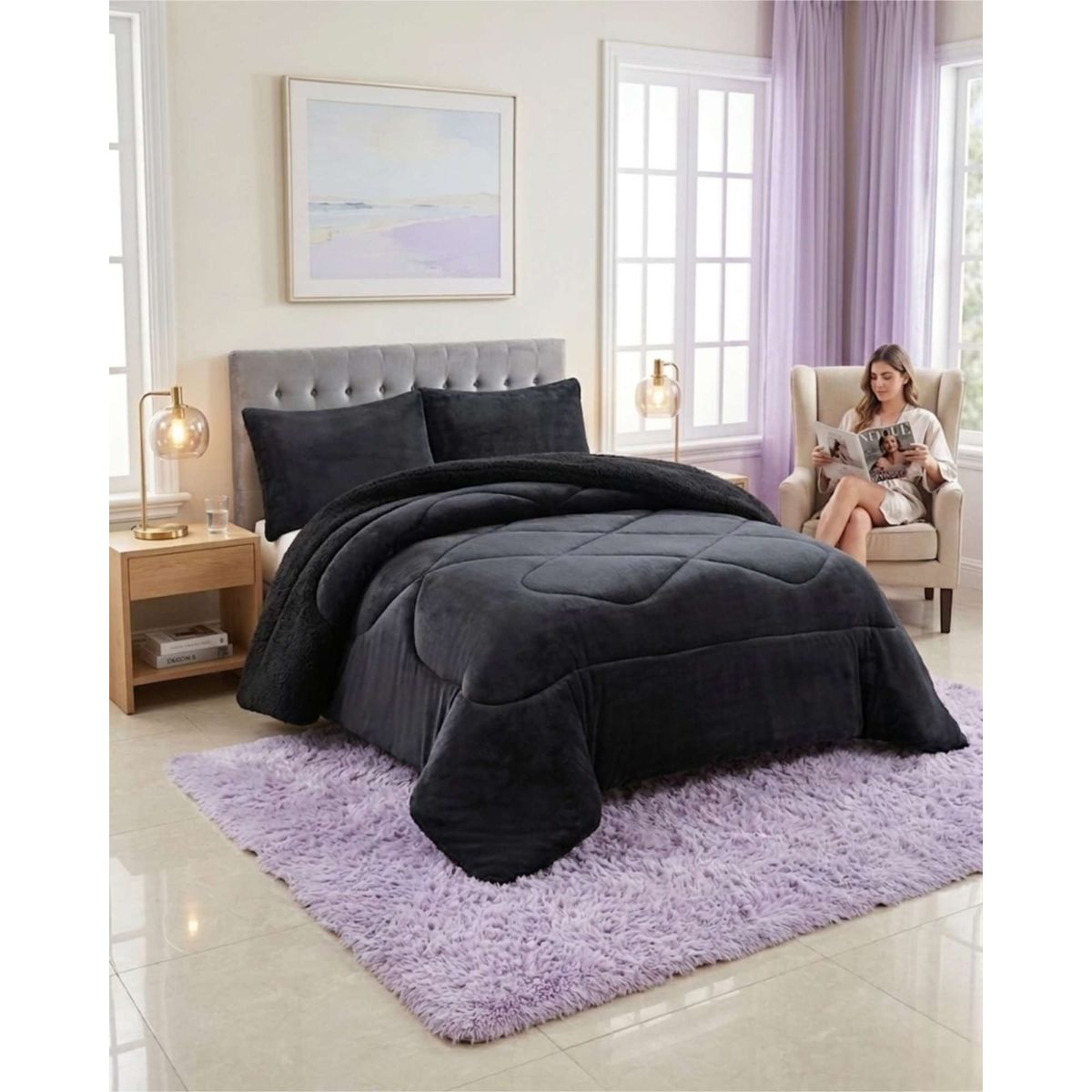 GENERICO - Cubrecamas Sherpa 2 Plazas Plush Ultra Suave De Lujo