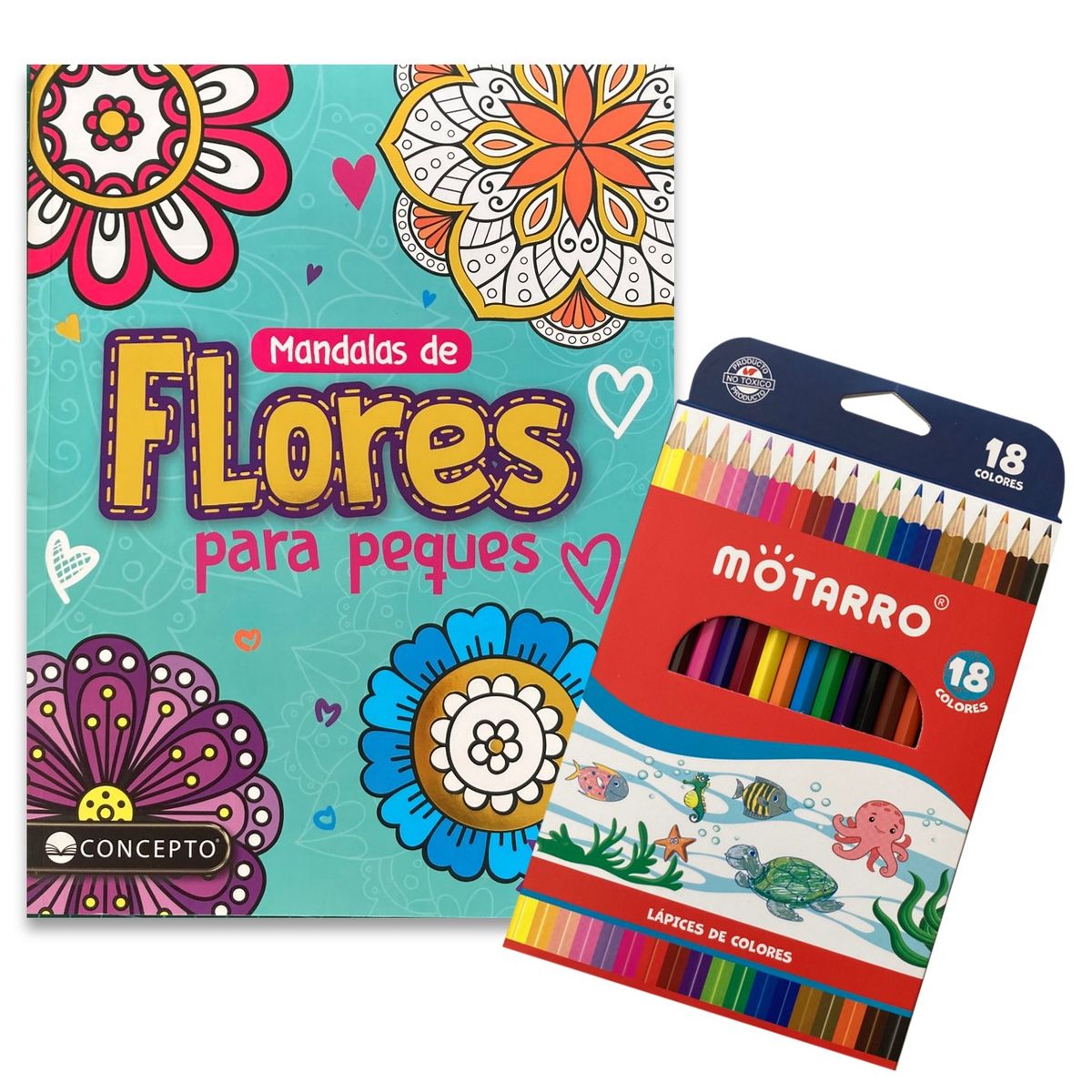 LATINBOOKS - Libro mandalas de flores para peques + 18 lápices de colores