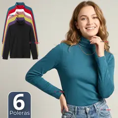 UTILISIMO - Pack 6 Camisetas Poleras Polar Primera Capa Cuello Beatle Manga Larga Colores Surtidos Mujer
