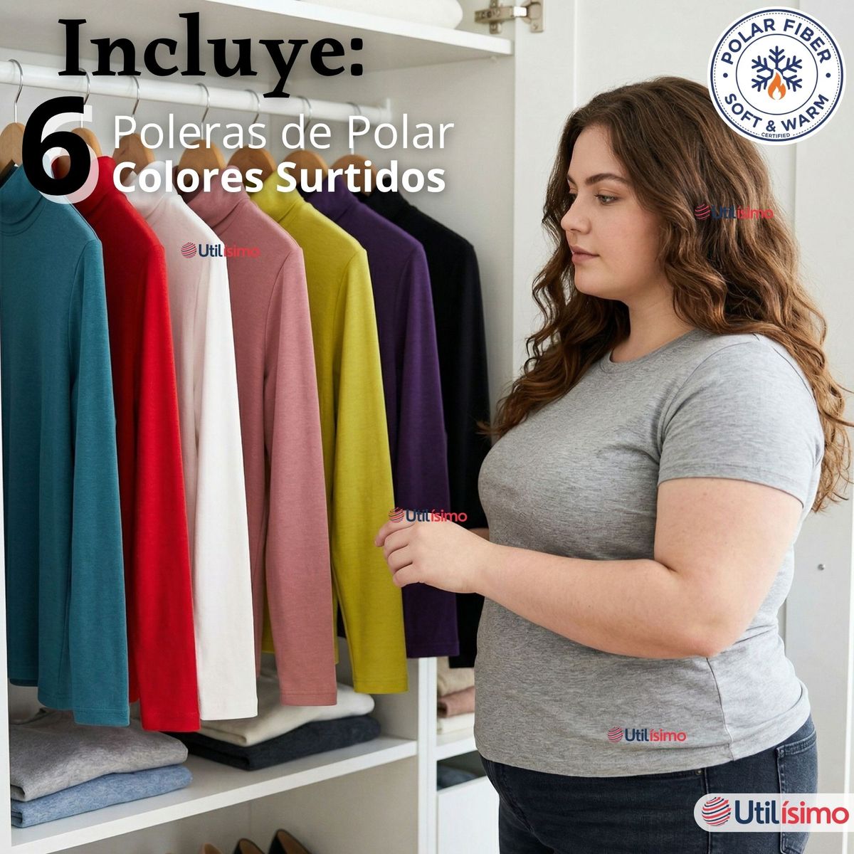 UTILISIMO - Pack 6 Camisetas Poleras Polar Primera Capa Cuello Beatle Manga Larga Colores Surtidos Mujer