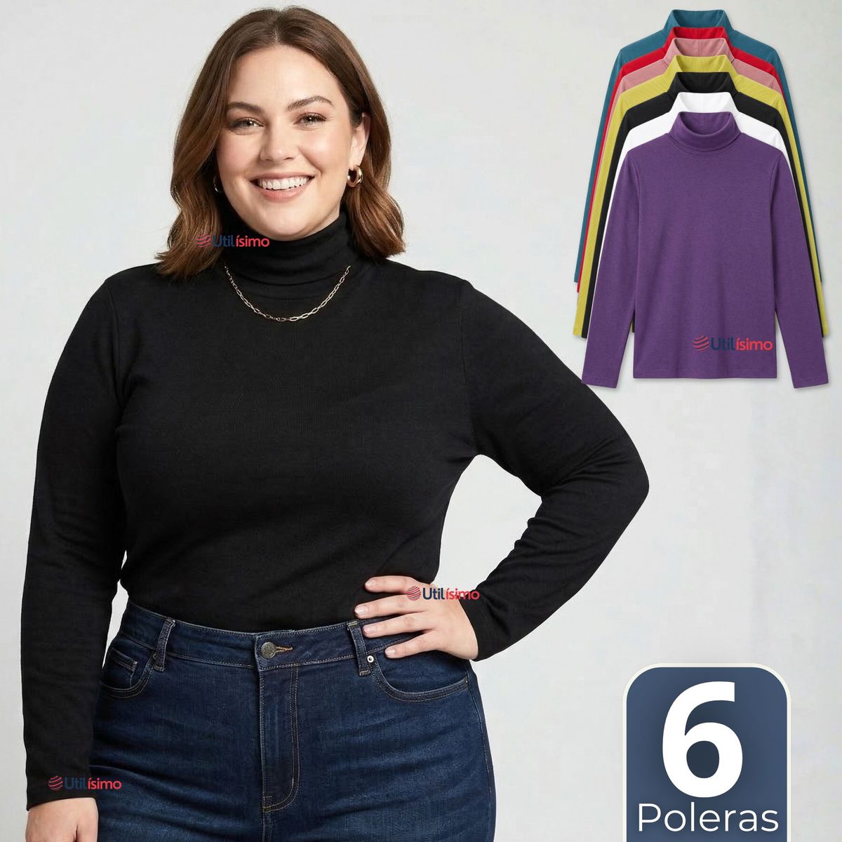 UTILISIMO - Pack 6 Camisetas Poleras Polar Primera Capa Cuello Beatle Manga Larga Colores Surtidos Mujer