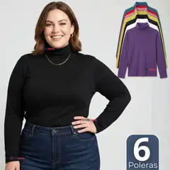 UTILISIMO - Pack 6 Camisetas Poleras Polar Primera Capa Cuello Beatle Manga Larga Colores Surtidos Mujer