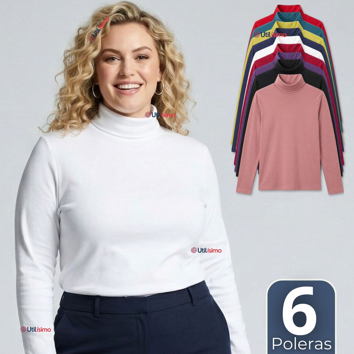 UTILISIMO - Pack 6 Camisetas Poleras Polar Primera Capa Cuello Beatle Manga Larga Colores Surtidos Mujer