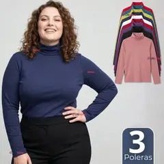 UTILISIMO - Pack 3 Camisetas Poleras Polar Primera Capa Cuello Beatle Manga Larga Colores Surtidos Mujer