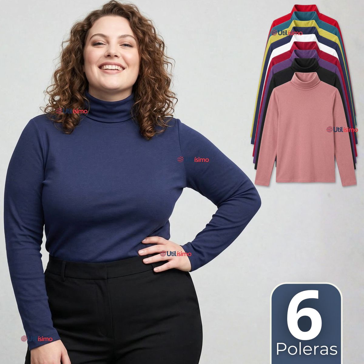 UTILISIMO - Pack 6 Camisetas Poleras Polar Primera Capa Cuello Beatle Manga Larga Colores Surtidos Mujer