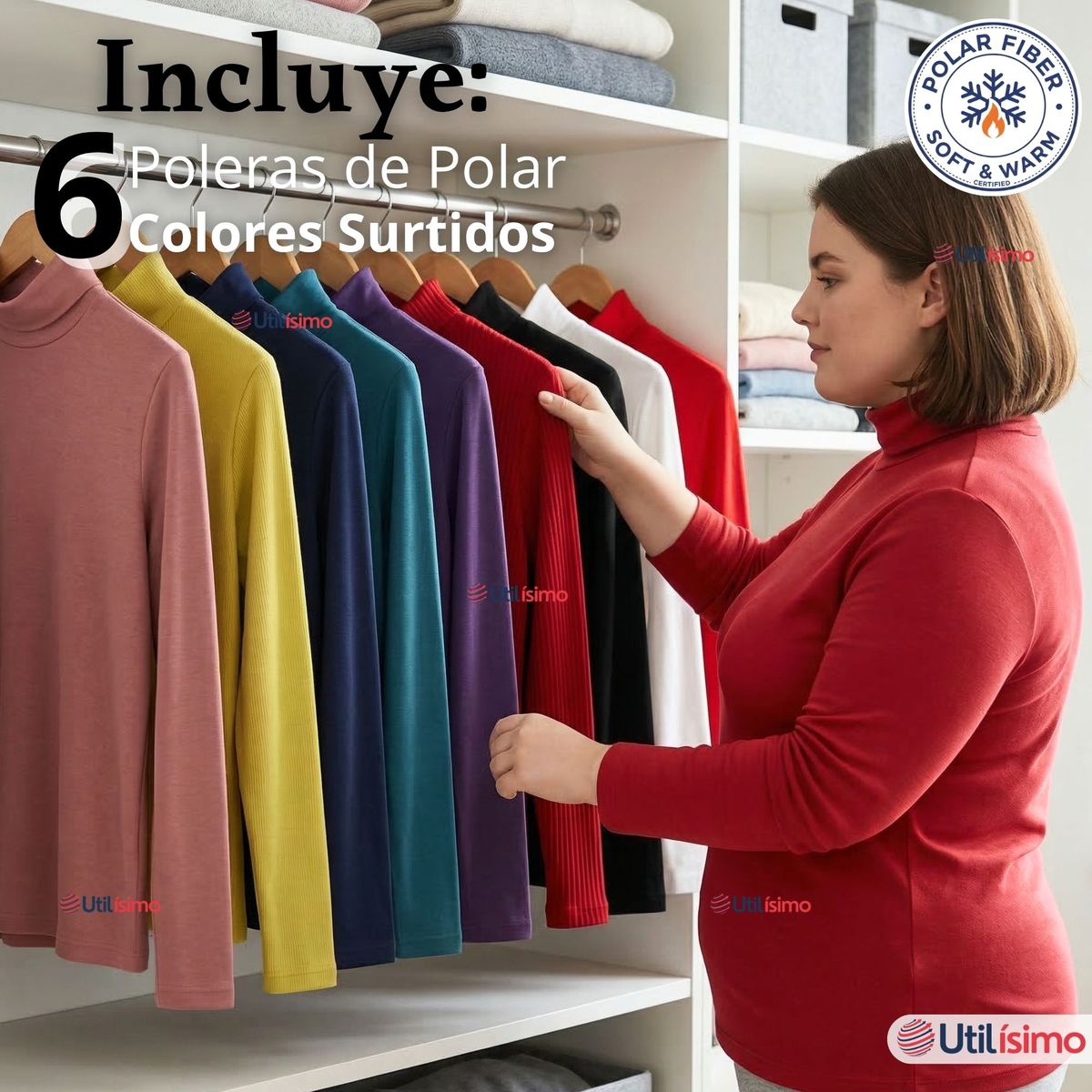 UTILISIMO - Pack 6 Camisetas Poleras Polar Primera Capa Cuello Beatle Manga Larga Colores Surtidos Mujer