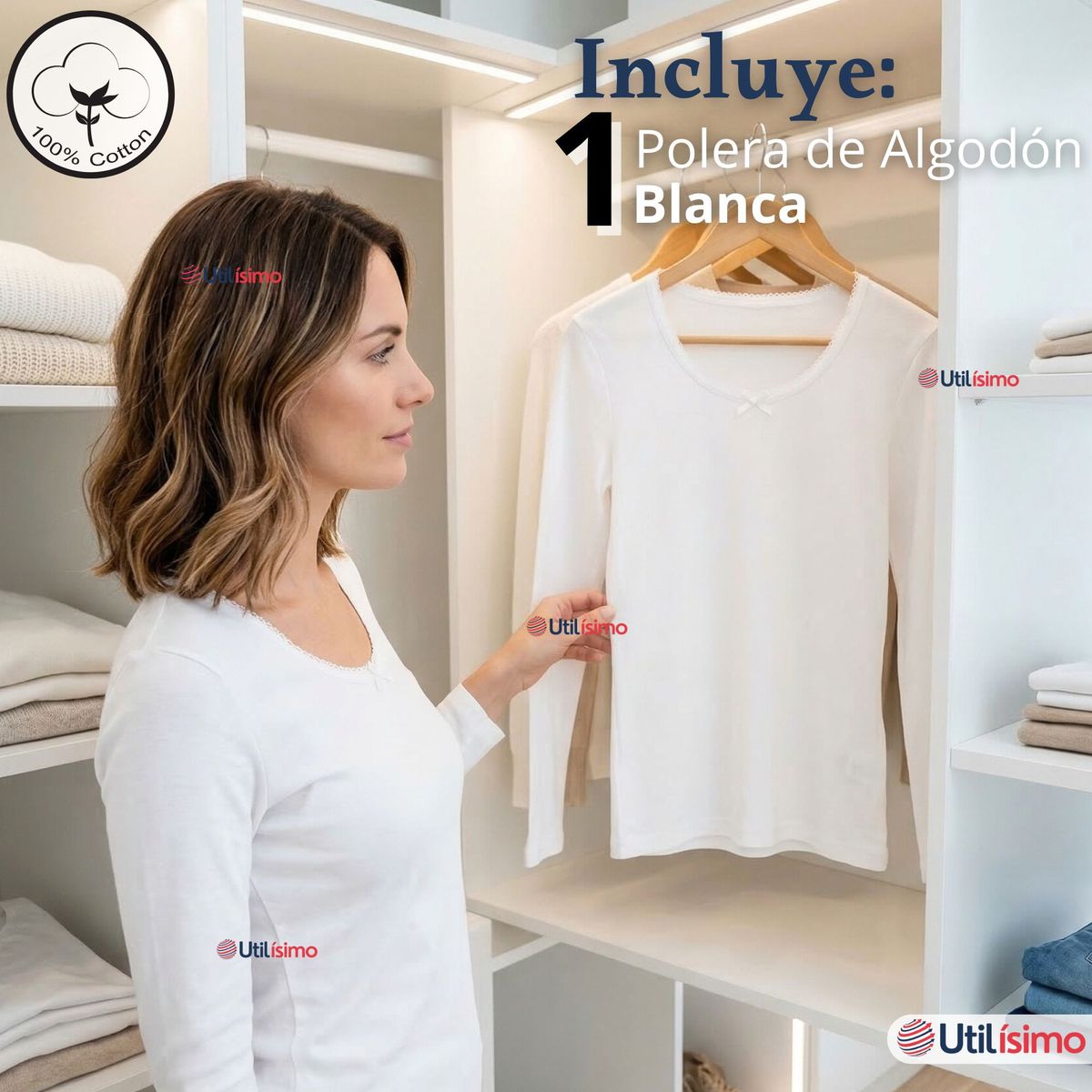 UTILISIMO - Camiseta Polera Algodón Primera Capa Manga Larga Blanco Mujer